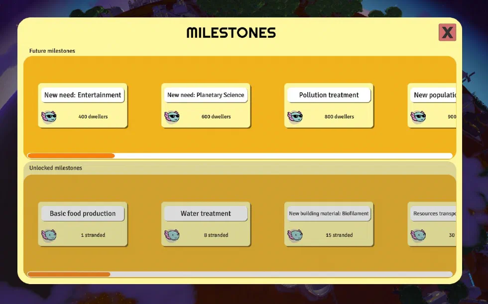 Milestones screen Milestones screen
