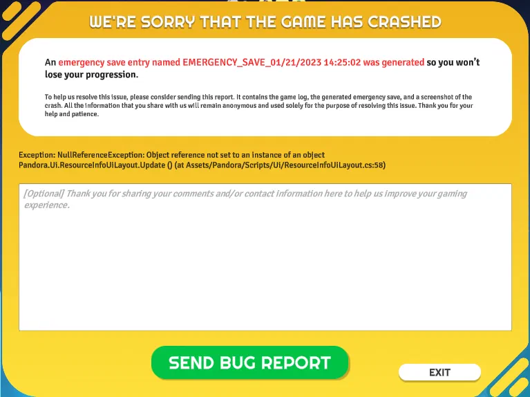 Error report screen Error report screen