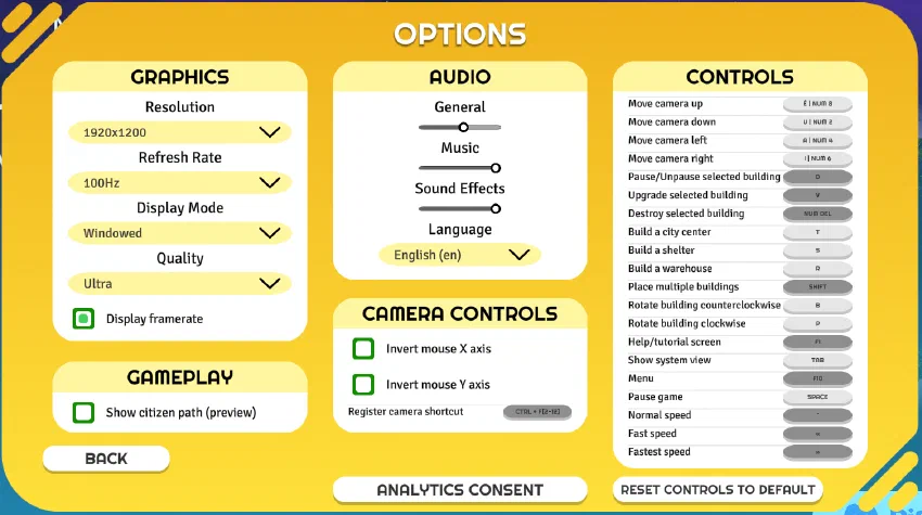 Options screen Options screen